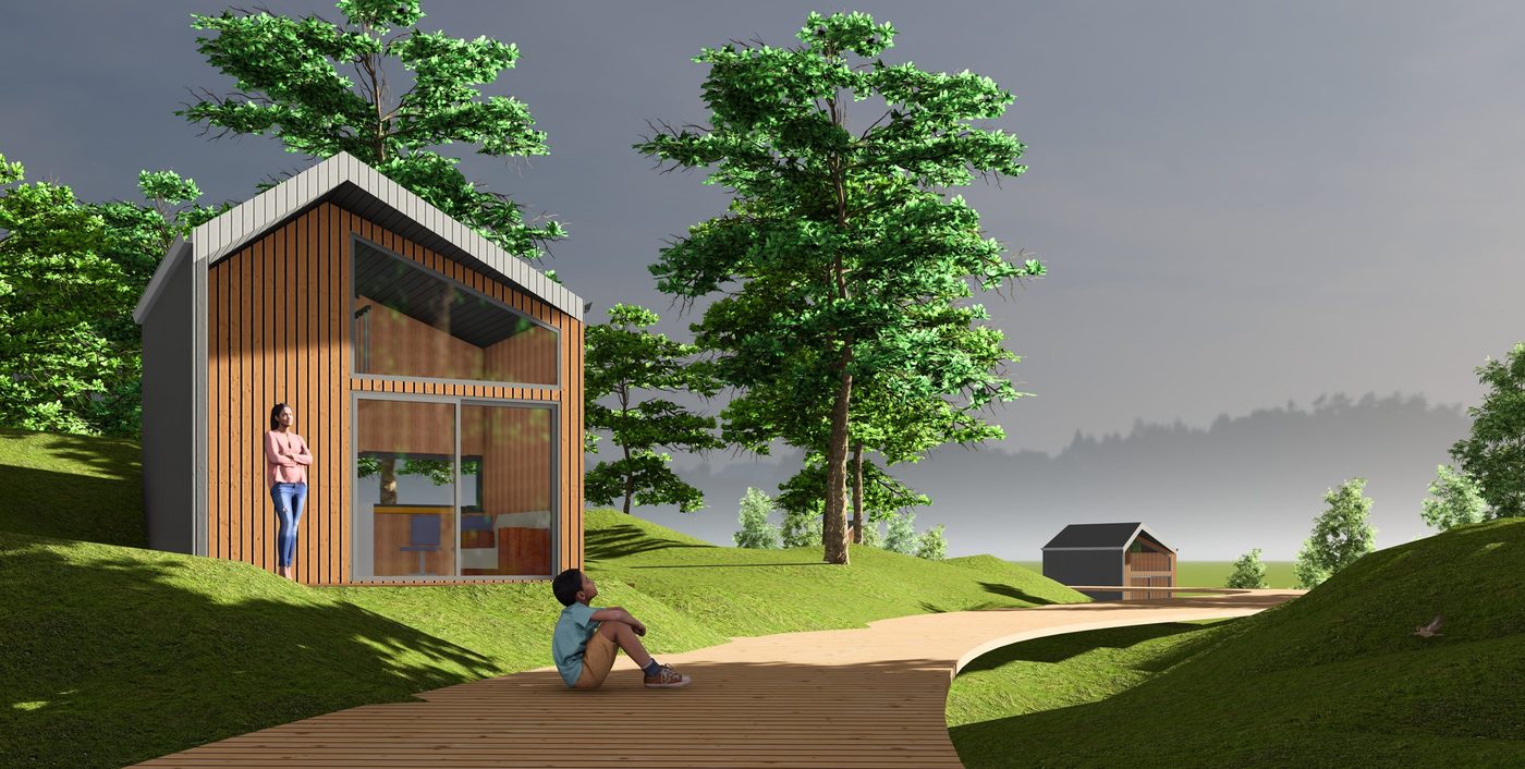 Render of a hempcrete cottage at Secret Trees Gardens, with people on the deck