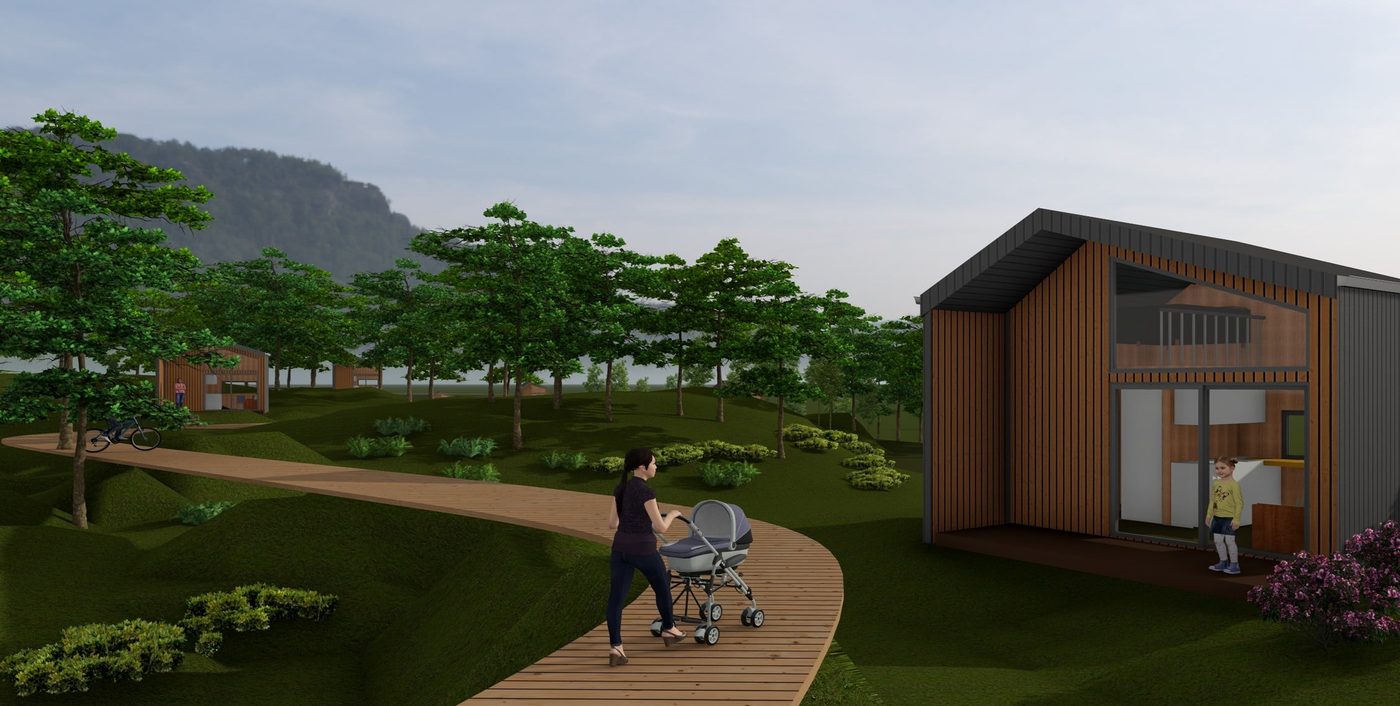 3D render of the planned Secret Trees Gardens — a boardwalk and cottages by the lake