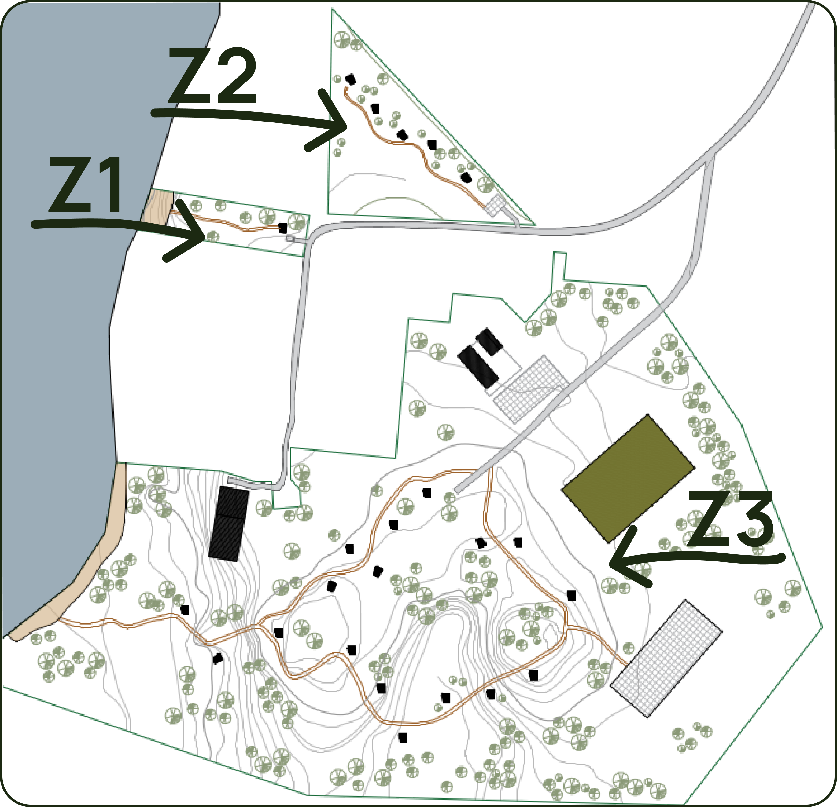 Secret Trees Gardens property map showing development zones Z1, Z2 and Z3 by Cieceres Lake